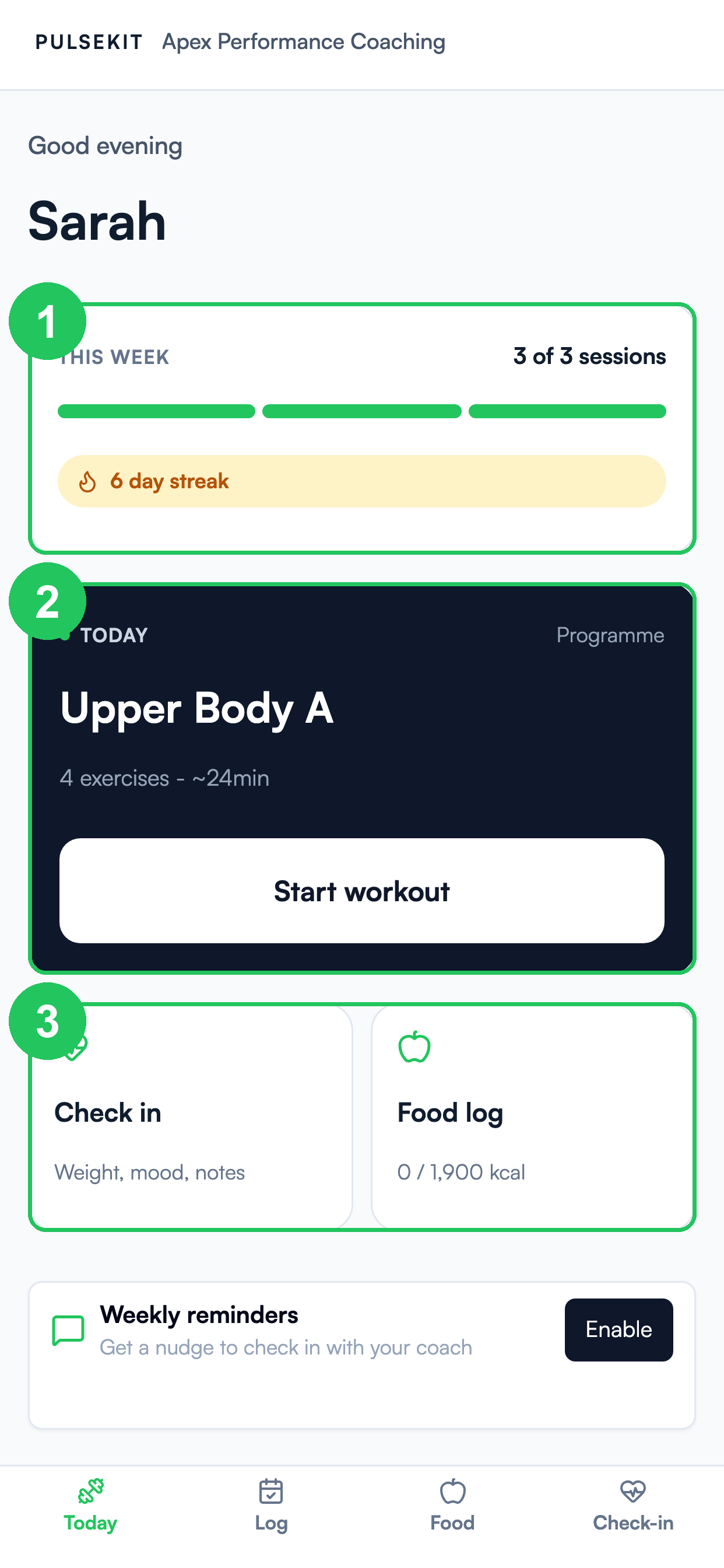 Client app home screen with the weekly progress, today's workout, and quick actions highlighted