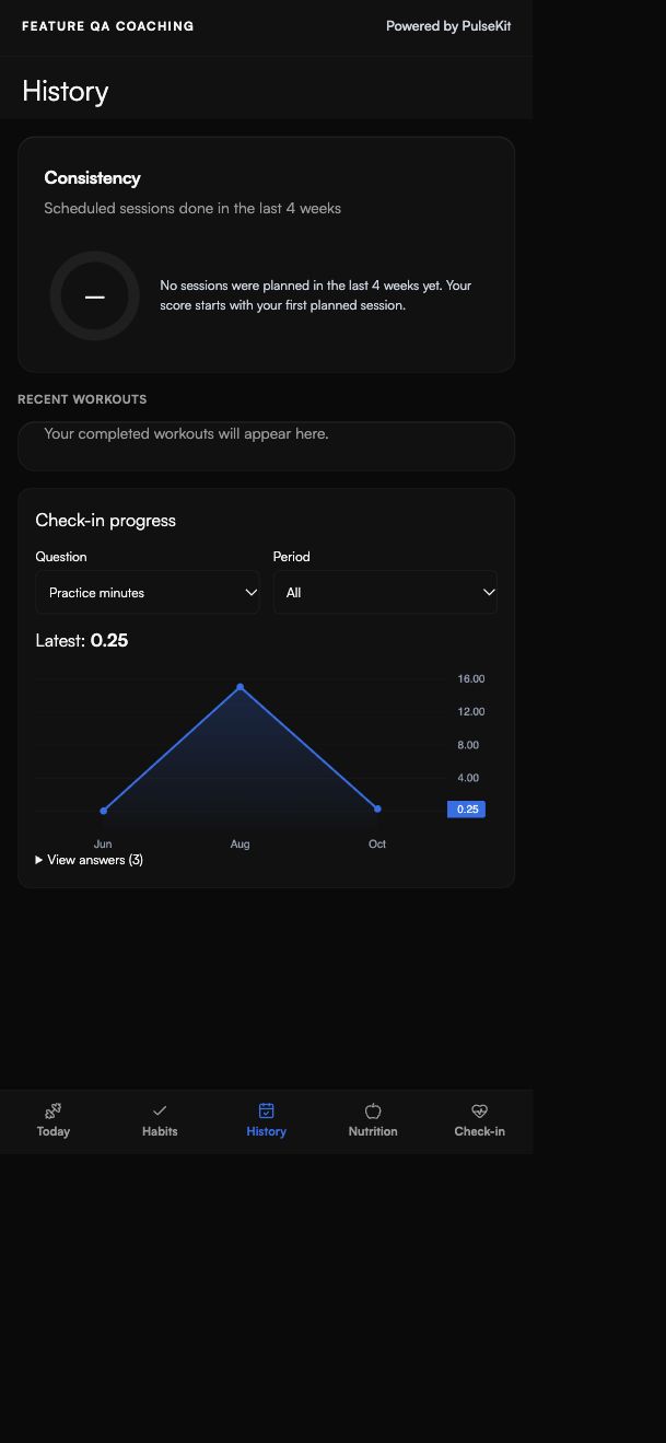 Client History tab showing a custom check-in answer graph, question picker and date range