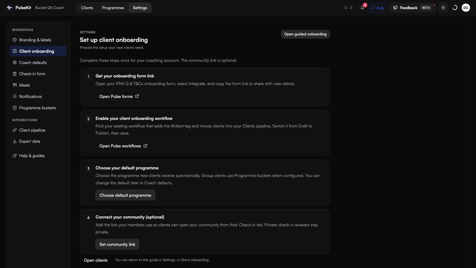 Client onboarding guide with links to Pulse forms, workflows, default programme and community setup