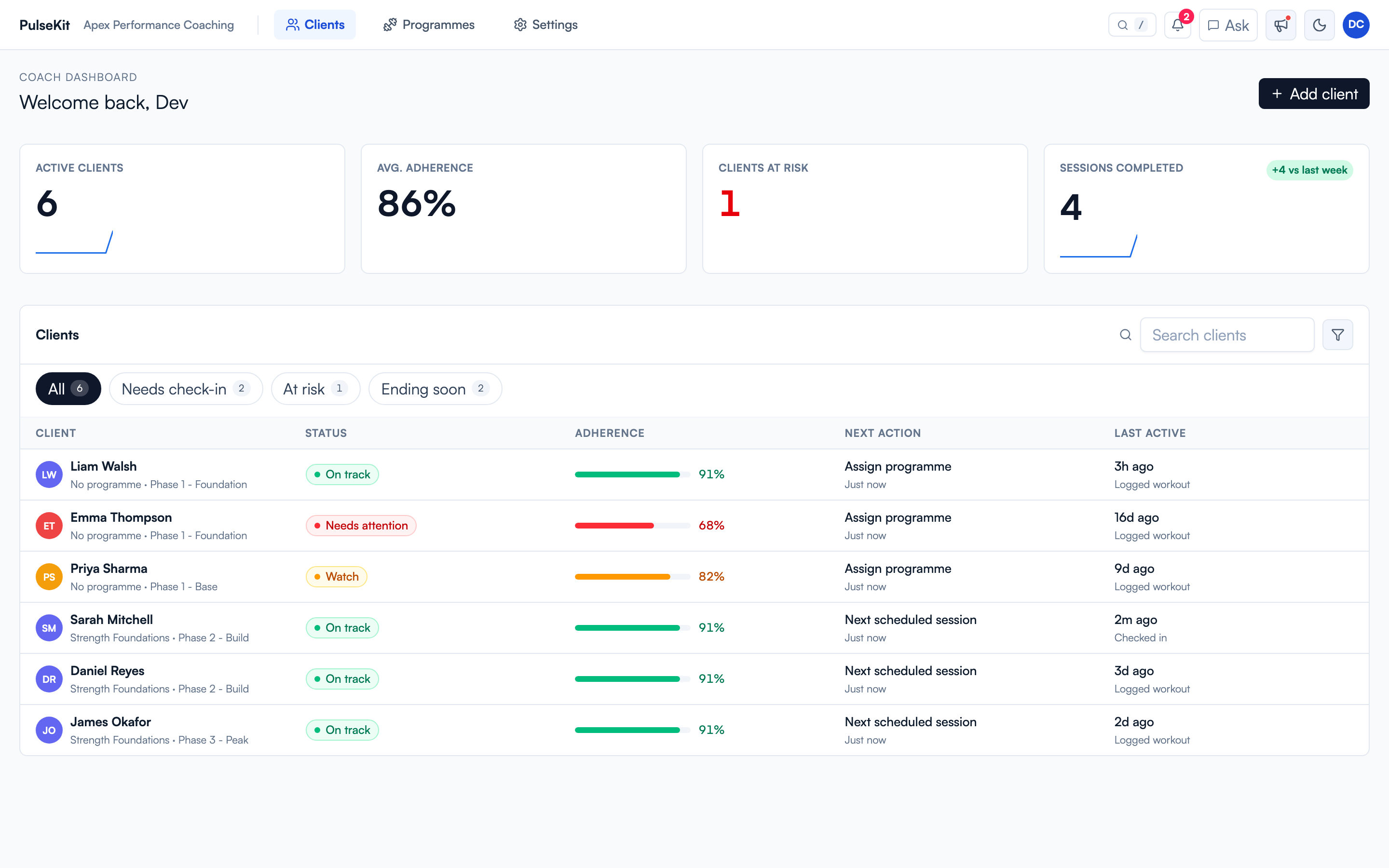 PulseKit coach dashboard after sign in