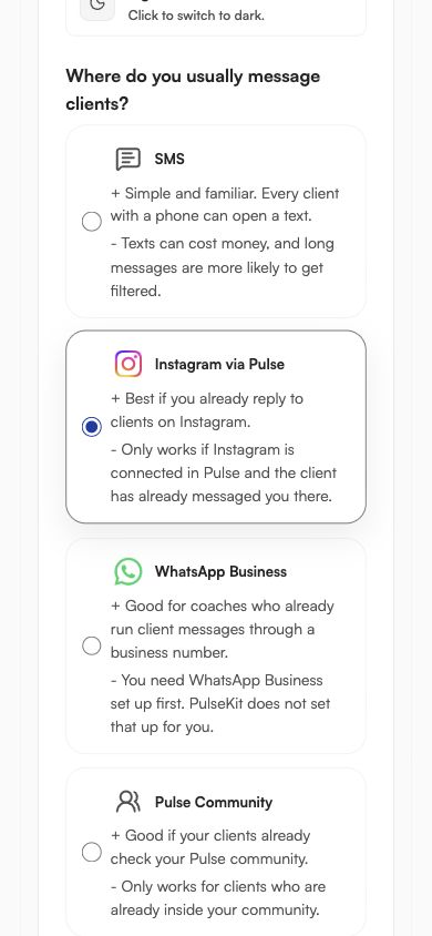Messaging channel choices with SMS, Instagram, WhatsApp and Pulse Community icons